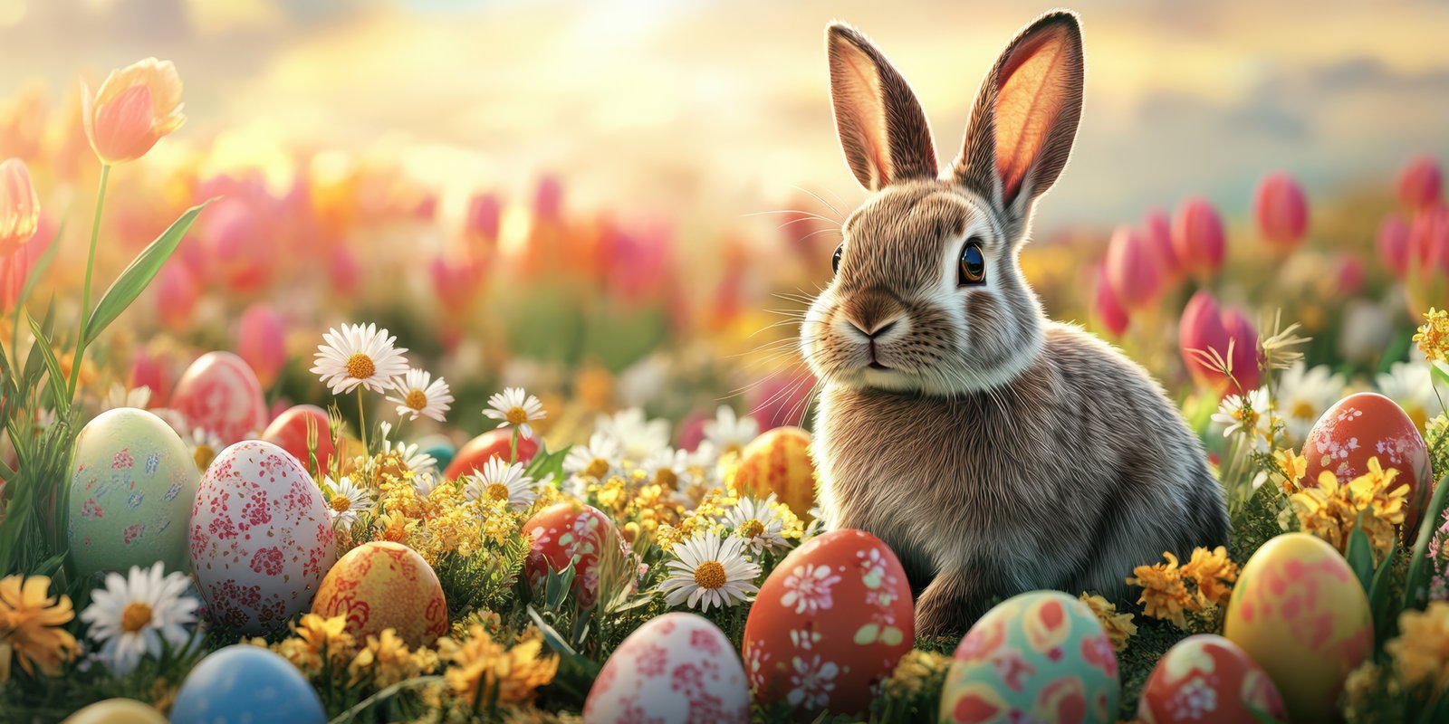 Colorful Easter celebration with a rabbit and decorated eggs in a blooming meadow at sunrise
